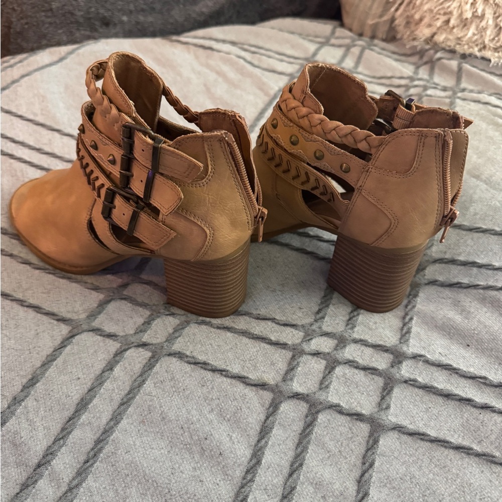 Sugar Beige Braided Studded Peep Toe Ankle Booties Buckle Block Heel